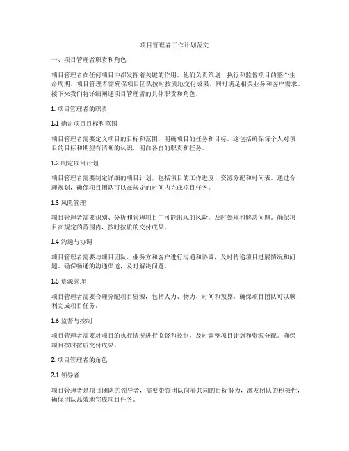 项目管理者工作计划范文