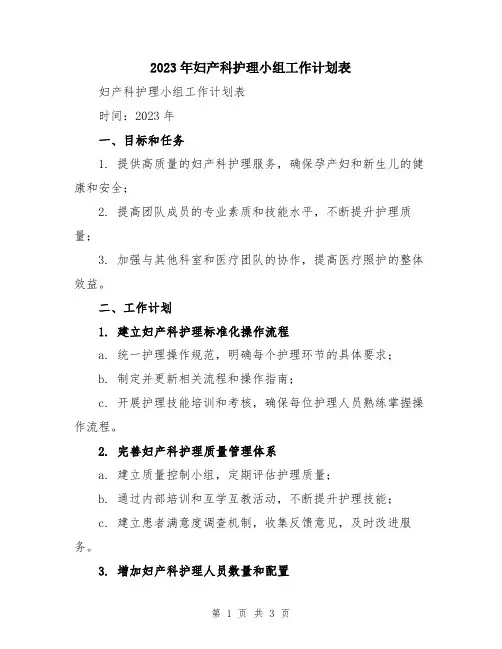 2023年妇产科护理小组工作计划表