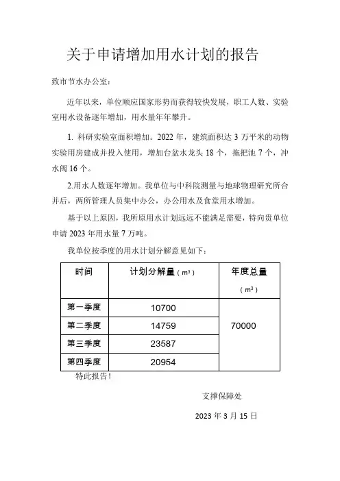 关于用水单位增加用水计划的申请报告