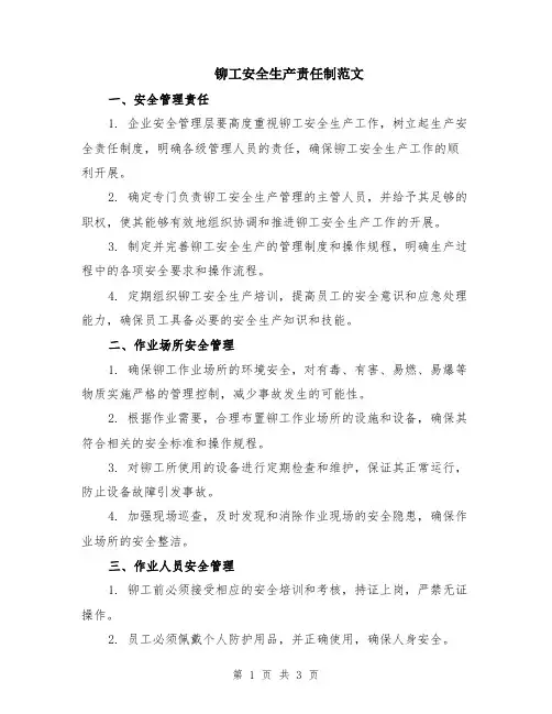 铆工安全生产责任制范文