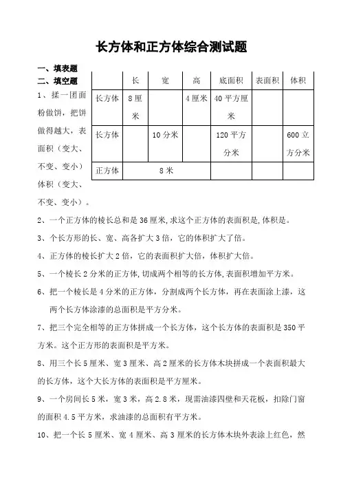 长方体正方体综合测试题