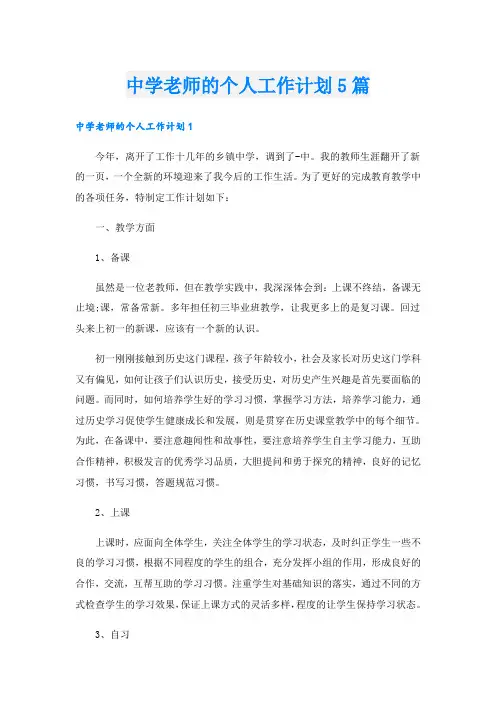 中学老师的个人工作计划5篇