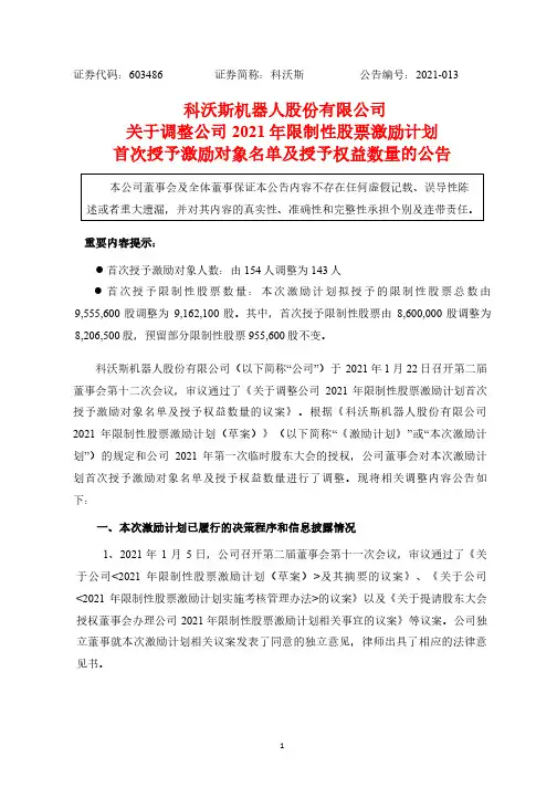 603486关于调整公司2021年限制性股票激励计划激励对象名单及授予2021-01-23
