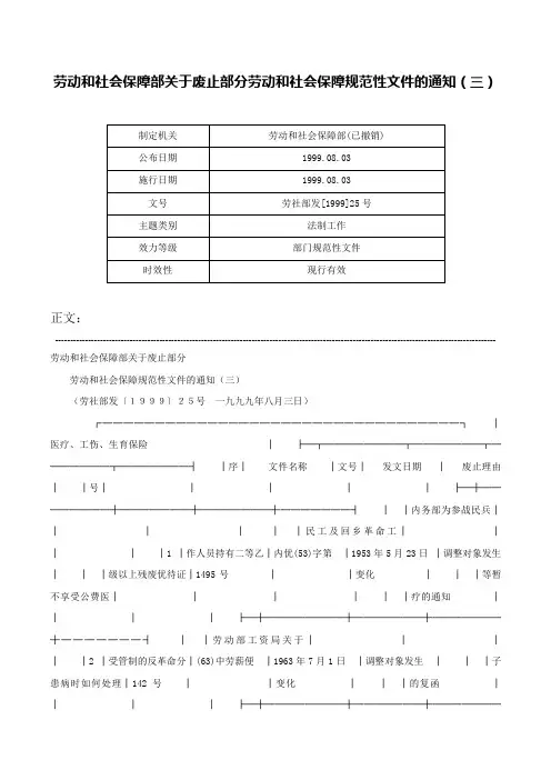 劳动和社会保障部关于废止部分劳动和社会保障规范性文件的通知（三）-劳社部发[1999]25号