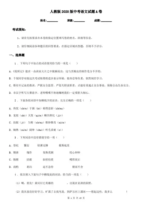 人教版2020版中考语文试题A卷(测试)