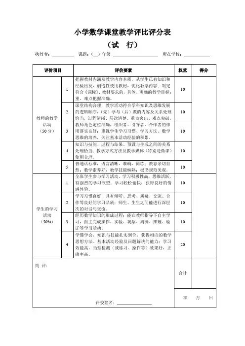 小学数学课堂教学评比评价表(试行)