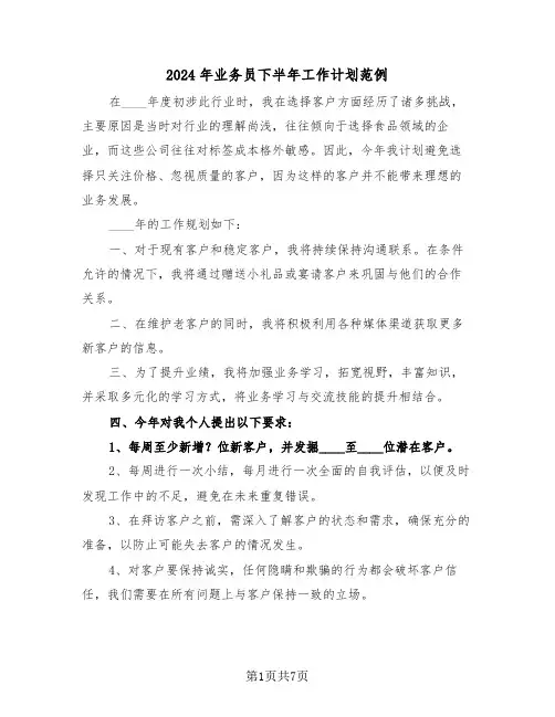 2024年业务员下半年工作计划范例（四篇）