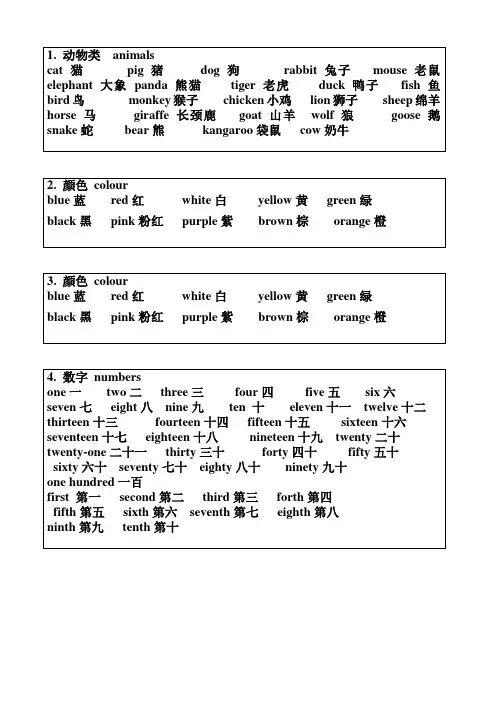 小学英语单词分类卡片