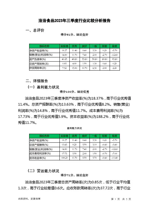 002557洽洽食品2023年三季度行业比较分析报告