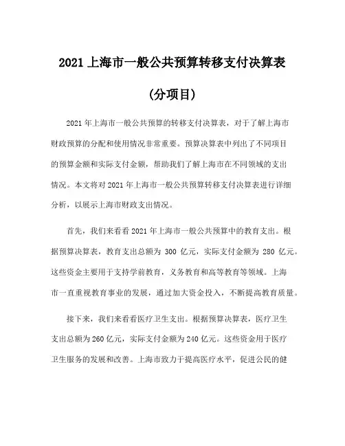 2021上海市一般公共预算转移支付决算表(分项目)