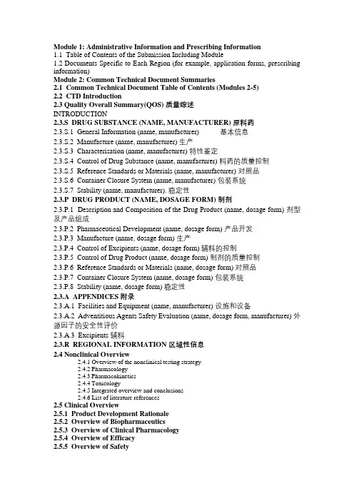 经典 中英对照 ICH CTD 目录 Module 1, 2, 3, 4, 5