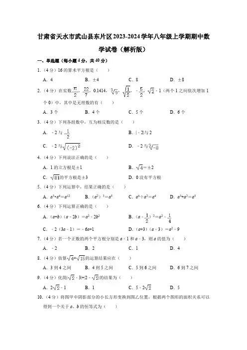 甘肃省天水市武山县东片区2023-2024学年八年级上学期期中数学试卷(含解析)
