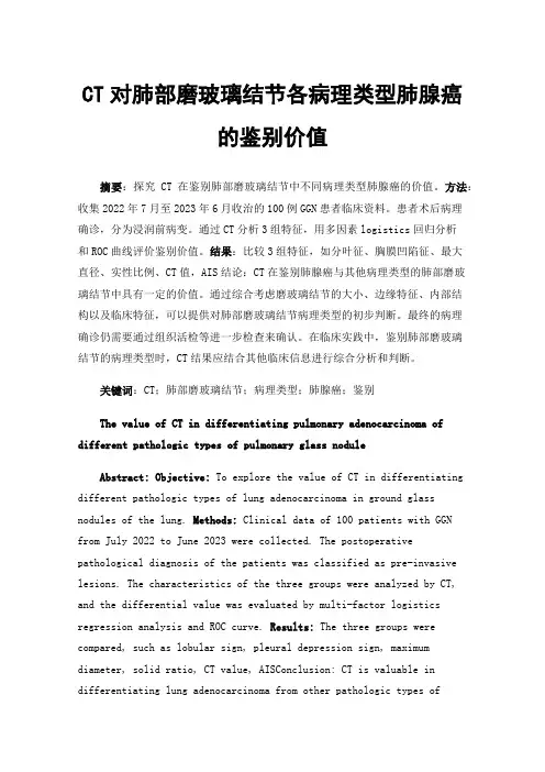 CT对肺部磨玻璃结节各病理类型肺腺癌的鉴别价值
