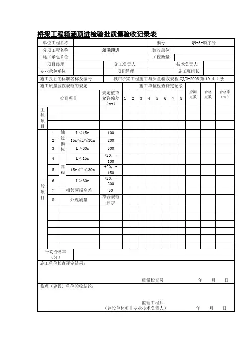 桥梁工程箱涵顶进检验批质量验收记录表