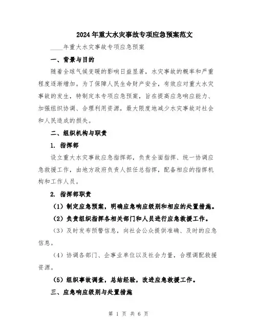 2024年重大水灾事故专项应急预案范文