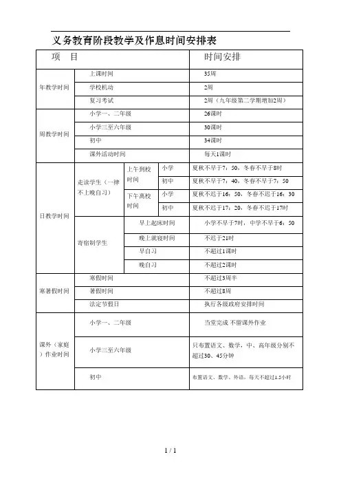 义务教育阶段教学及作息时间安排表