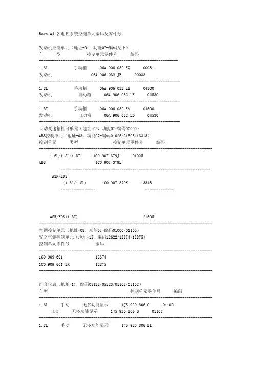 大众VW电脑编号大全