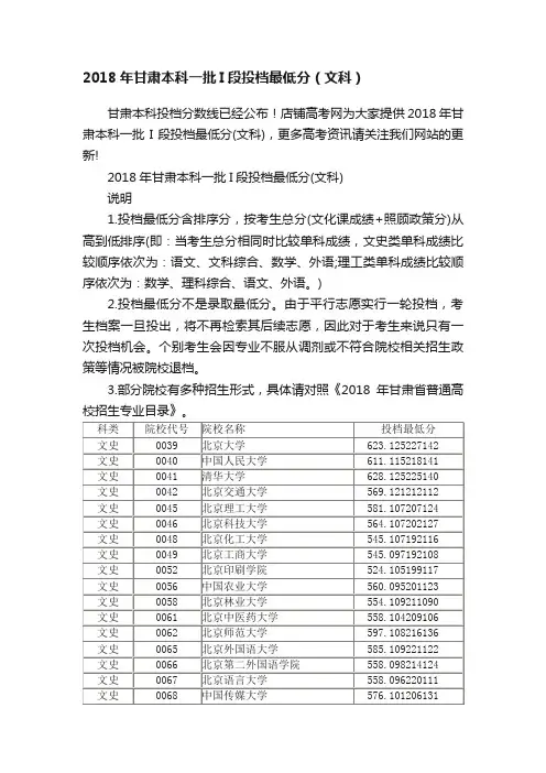 2018年甘肃本科一批I段投档最低分（文科）