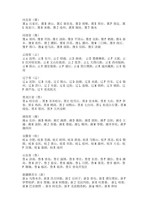 全国各地车牌字母代表城市