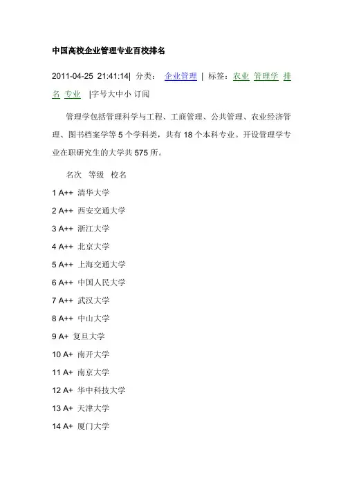 中国高校企业管理专业百校排名