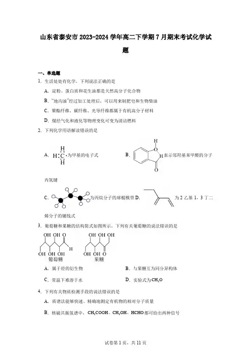 山东省泰安市2023-2024学年高二下学期7月期末考试化学试题