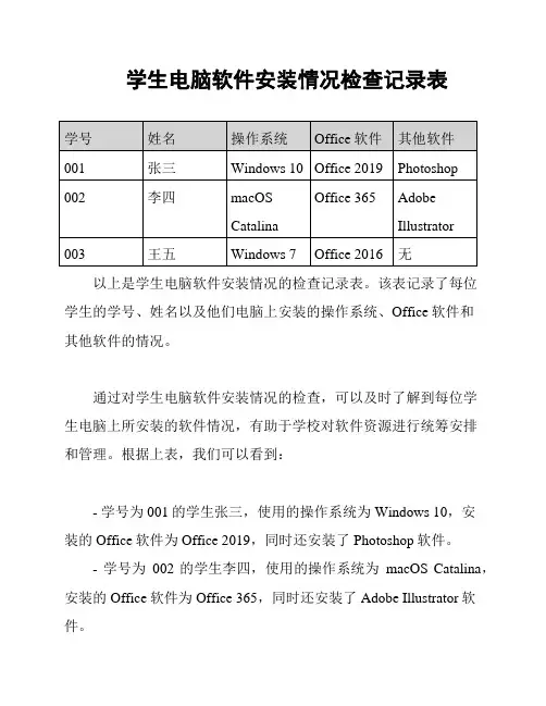 学生电脑软件安装情况检查记录表