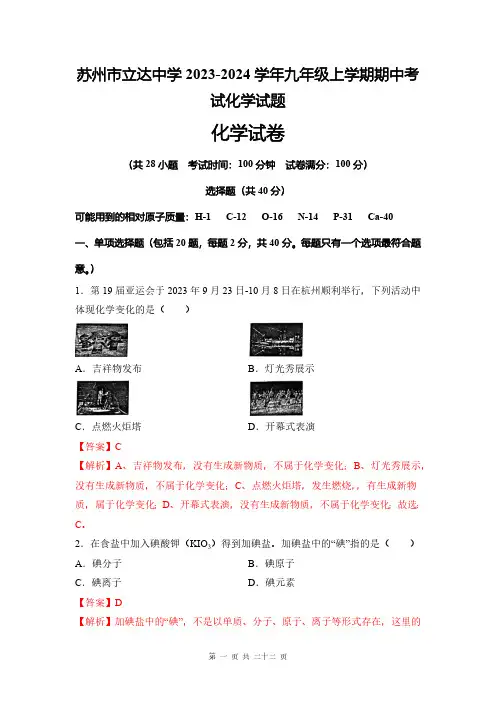 苏州市立达中学2023-2024学年九年级上学期期中考试化学试题(解析版)