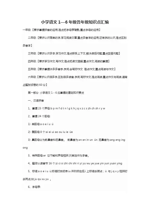 小学语文1—6年级各年级知识点汇编