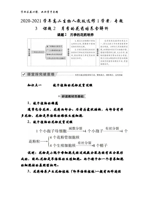 2020-2021高二生物1学案：专题3课题2月季的花药培养含解析