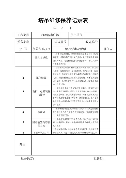 塔吊维修保养记录表
