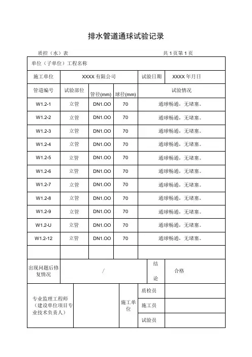 排水管道通球试验记录表