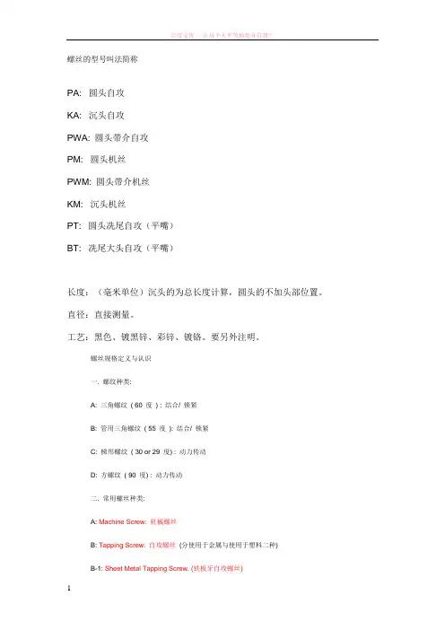 经典螺丝的型号叫法简称