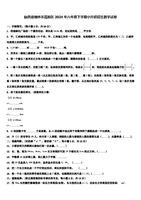 陕西省榆林市高新区2024年六年级下学期小升初招生数学试卷含解析