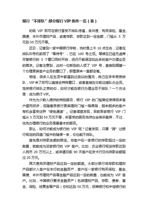 银行“不排队”部分银行VIP条件一览（表）