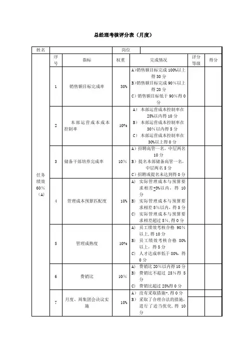 总经理考核评分表