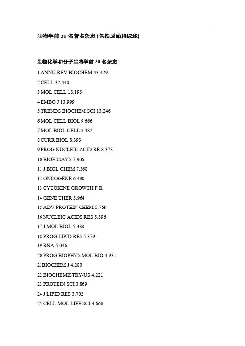 生物学前30名著名杂志