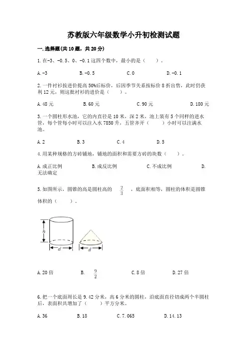 苏教版六年级数学小升初检测试题附完整答案(全优)