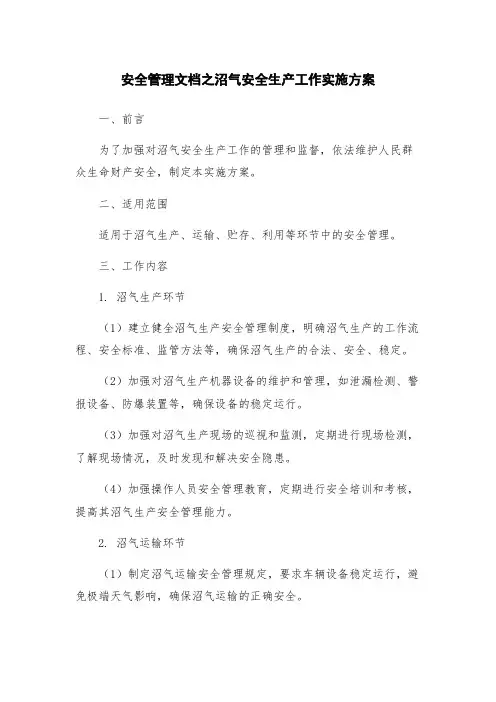 安全管理文档之沼气安全生产工作实施方案