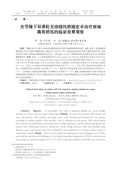 关节镜下双滑轮无结缝线桥固定术治疗肩袖撕裂损伤的临床效果观察