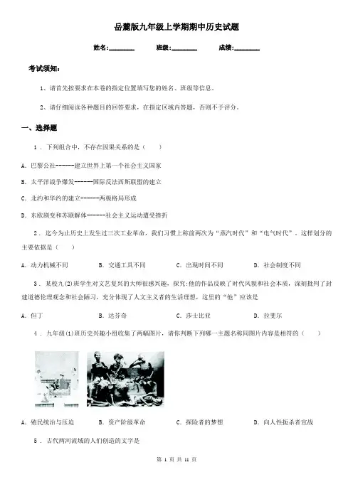岳麓版九年级上学期期中历史试题(测试)