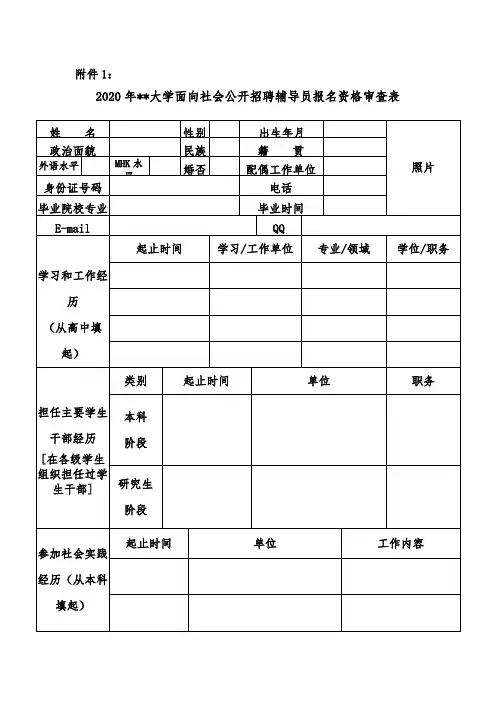 2020年塔里木大学面向社会公开招聘辅导员报名资格审查表【模板】