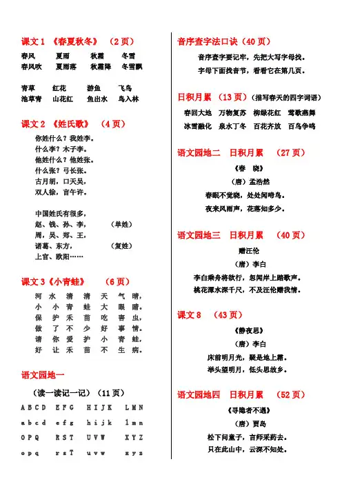 人教版一年级语文下册要求背诵课文内容知识汇总.doc