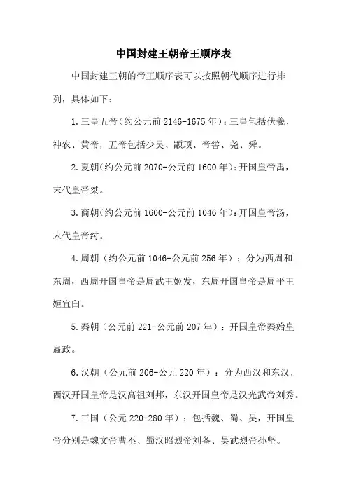 中国封建王朝帝王顺序表