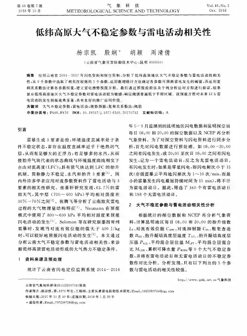低纬高原大气不稳定参数与雷电活动相关性