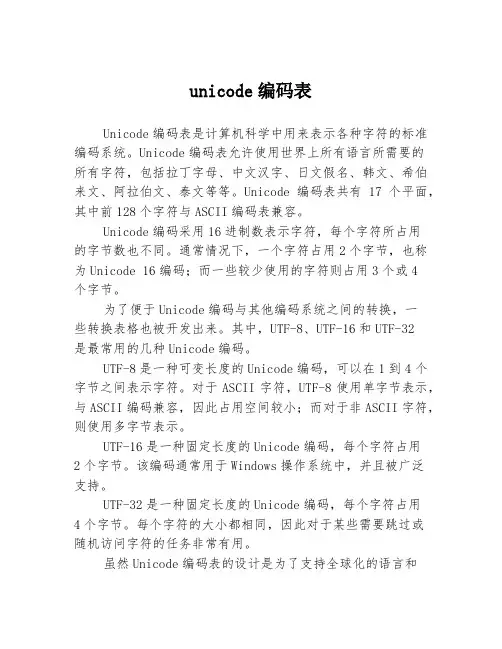 unicode编码表