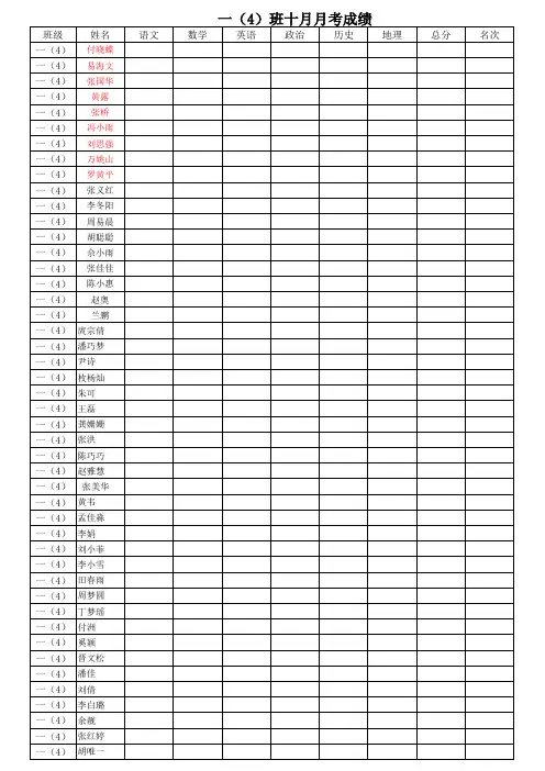 一年级十月月考成绩表班Book1