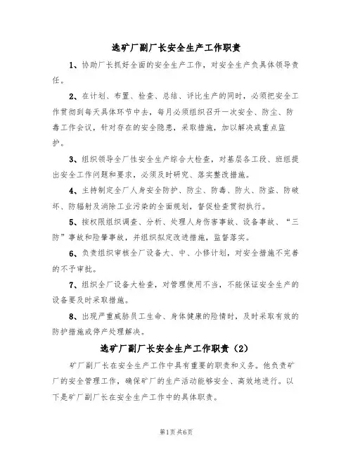 选矿厂副厂长安全生产工作职责(5篇)
