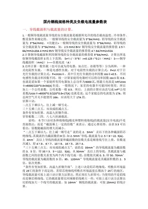 国内铜线规格种类及负载电流量参数表