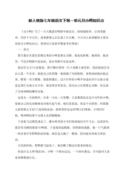 新人教版七年级语文下第一单元丑小鸭知识点