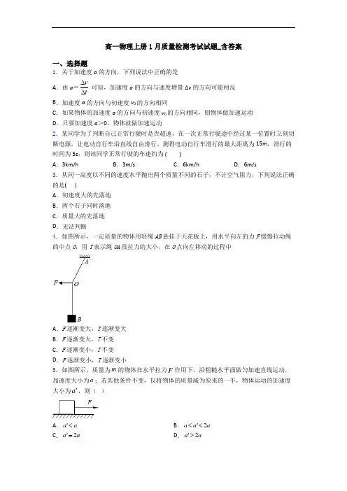 高一物理上册1月质量检测考试试题_含答案